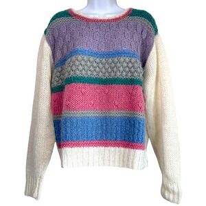 Vintage Lady Ballymoor Hand Knit Colorblock‎ Sweater Size L Cottage Cozy Warm